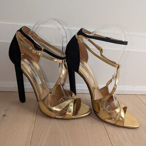 Brian Atwood Hester Gold and Black Strappy Heels